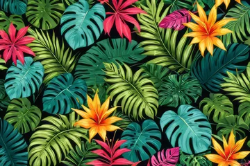Gordijnen A visual feast of lush jungle foliage painted in vivid colors. © Anna