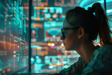 Focused Woman Typing Code Lines on Computer - obrazy, fototapety, plakaty