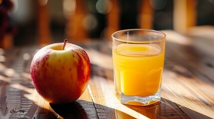 Freshly squeezed apple juice in a glass next to a whole apple on a wooden table. The juice is a natural source of vitamins and minerals, and the apple is a healthy snack.