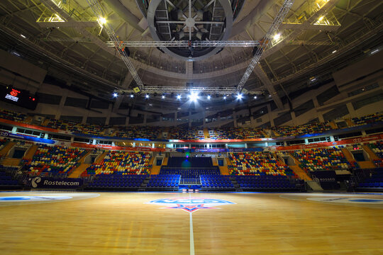 Empty modern basketball court in Megasport stadium, construction of the stadium was completed in 2006, number of seats is 14 thousand