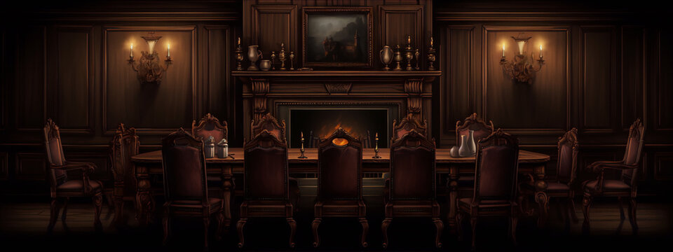 Dark academia library with fireplace and long wooden table with chairs