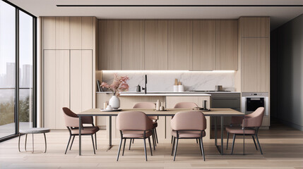 Minimalist kitchen and dining room with pink chairs and marble top