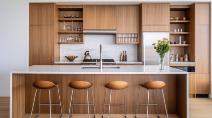 Walnut wooden kitchen cabinets and island with white quartz countertops and stainless steel appliances.