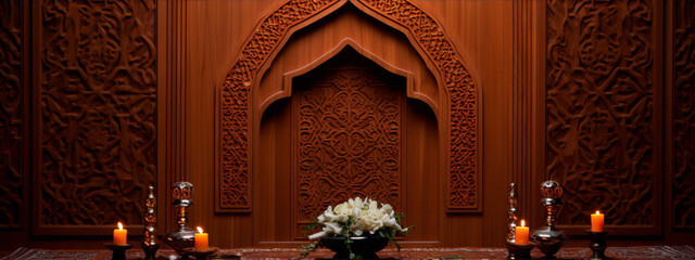 Carved wooden wall with intricate patterns and a floral centerpiece in front of it.