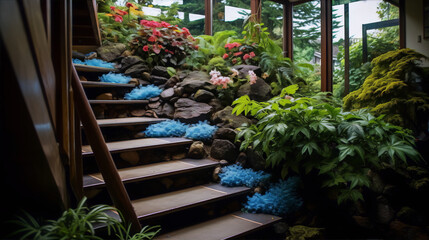Stairway to the garden, surreal colorful flowers and plants, blue rocks and stairs, photorealistic