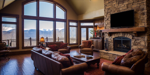 Modern living room interior with large windows, fireplace and leather furniture in warm colors