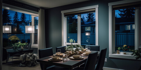 A dark and moody dining room with a large wooden table, black chairs, and white dishes.