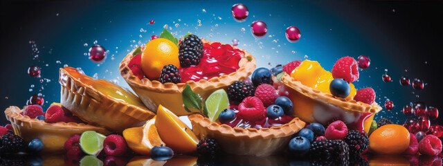 Close-up of a variety of fruit tarts with blueberries, raspberries, and blackberries with a dark blue background.