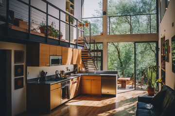 loft apartment interior with large windows, plants, and wooden staircase in the middle