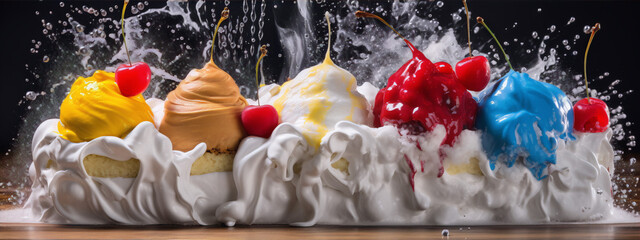 Colorful explosion of cupcakes and cherries with white cream on a black background - obrazy, fototapety, plakaty