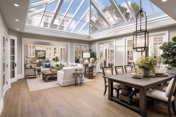 Suburban house interior with large windows and wooden furniture in neutral colors