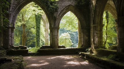 Fototapeta na wymiar Mystical overgrown ruins of an ancient abbey bathed in soft sunlight