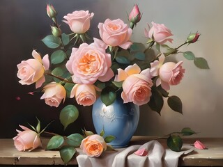 Obraz na płótnie Canvas Pink Roses in Vase Oil Painting, Still Life Flowers 
