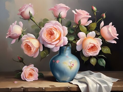 Pink Roses in Vase Oil Painting, Still Life Flowers 