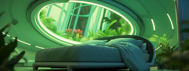 Futuristic bedroom interior with large round window and green plants inside