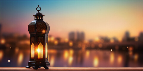 Ramadan Kareem greeting card with glowing lantern and blurred bokeh lights background in orange and blue. - obrazy, fototapety, plakaty