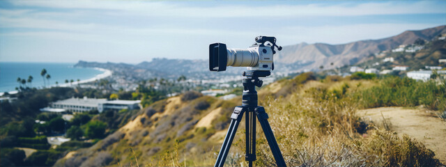 A camera on a tripod is set up on a hill overlooking the ocean.