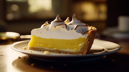 Still life of a slice of lemon meringue pie on a white plate with a blurry background. - obrazy, fototapety, plakaty