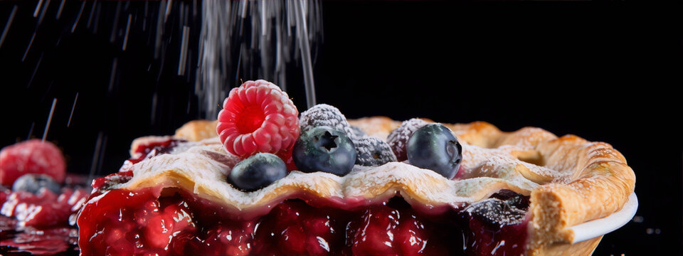 Close-up image of a pie with red and blue berries and powdered sugar falling on it