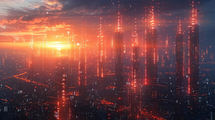 Futuristic City With Sunset Background - obrazy, fototapety, plakaty