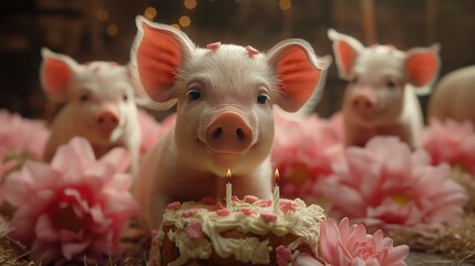 piglets celebrating birthday with birthday cake .Generative AI - obrazy, fototapety, plakaty