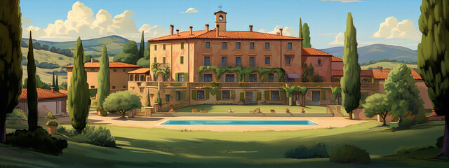 A beautiful landscape of aTuscan villa with a pool, surrounded by trees and hills.