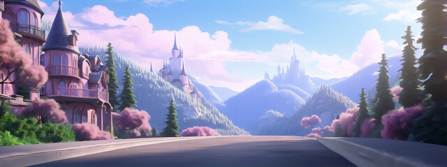A pink cartoon castle and house with blue mountains and pink trees in the background.
