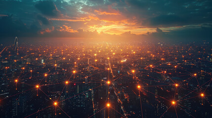 Aerial View of a City at Night - obrazy, fototapety, plakaty