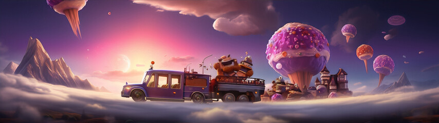 Surreal cartoon landscape with a purple car driving through a field of candy-coated mountains.