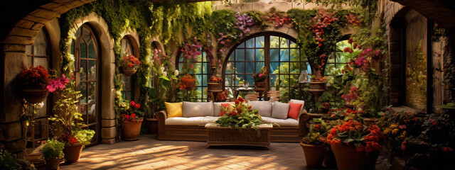 Flowers and plants in a beautiful Mediterranean courtyard