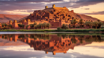 Travel photography of Ait Benhaddou Kasbah in Morocco at sunset with reflection in the river in warm colors