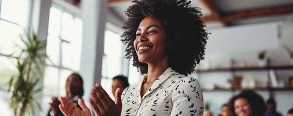 African American businesswoman clapping her hands during an office meeting