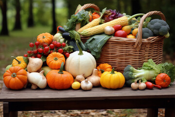 Abundant fall harvest in a wicker basket.
