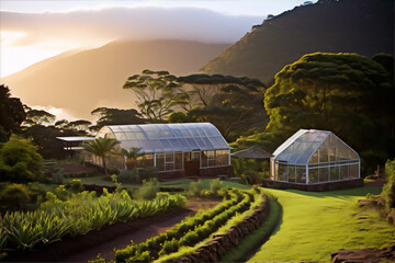 Two glasshouses on a lush green hillside with a majestic mountain backdrop