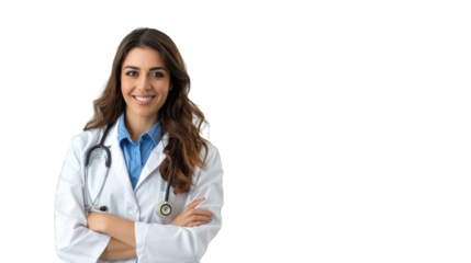 Portrait of an attractive young female doctor in white coat. PNG file of isolated cutout object on transparent background.