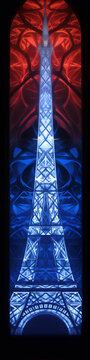 Blue and red stained glass window with an image of the Eiffel Tower
