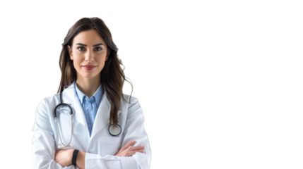 Portrait of an attractive young female doctor in white coat. PNG file of isolated cutout object on transparent background.