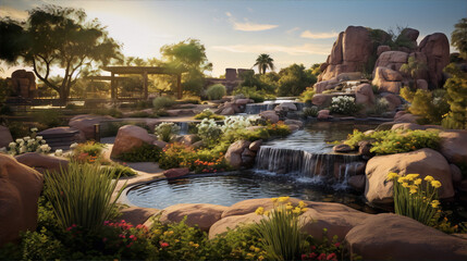 A beautiful landscape with a waterfall, rocks, and flowers in the desert at sunset.