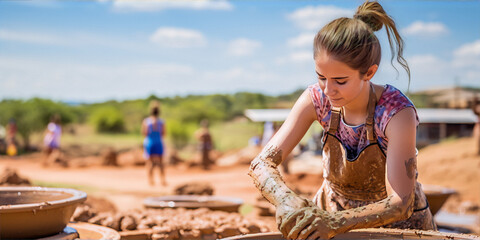 Young woman covered in mud making pottery outdoors under the sun - obrazy, fototapety, plakaty