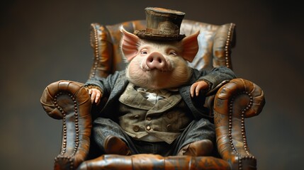 a fat pig in a top hat sits in a chair capitalism .Generative AI - obrazy, fototapety, plakaty
