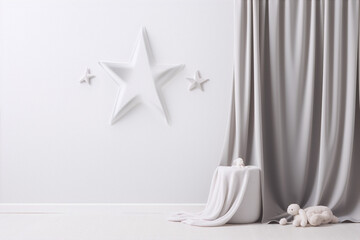 3D rendering of a minimal scandinavian nursery with stars and a curtain - obrazy, fototapety, plakaty