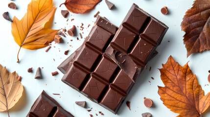 Chocolate bar from carob with autumn yellow leaves on white background. Carob instead cacao. Healthy Food and Chocolate Substitute. - obrazy, fototapety, plakaty