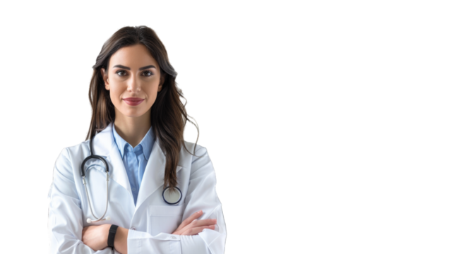 Portrait of an attractive young female doctor in white coat. PNG file of isolated cutout object on transparent background.
