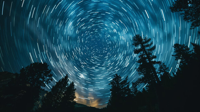 Captivating Star Trails Over Serene Forest Night Sky