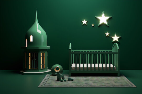 3D rendering of a green crib and a green toy elephant in a green room with a green rug and green stars on the wall.