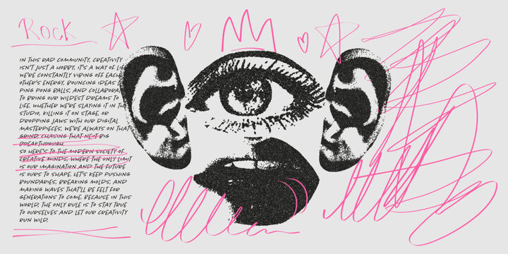 A contemporary banner with anti-design concept. Face with retro photocopy effect, hand drawn doodles and doodles and text. 