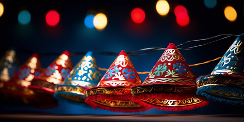 Party lights with a Moroccan flair, featuring vibrant red, blue and gold colors. - obrazy, fototapety, plakaty