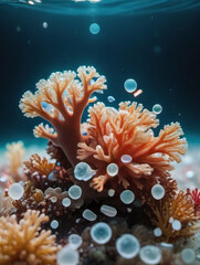 Fototapeta na wymiar Microplastics And Coral Floating In Water, Closeup