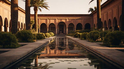 arabic courtyard with reflection pool and palm trees - obrazy, fototapety, plakaty