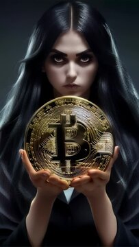 A dark-haired woman presents a shimmering Bitcoin, combining themes of fantasy and cryptocurrency